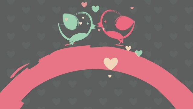 Abstract animated illustration romantic background of two love birds kissing with small hearts