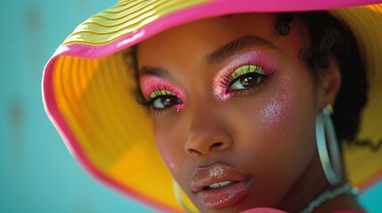 girl in doll outfit with bright pink and light green makeup