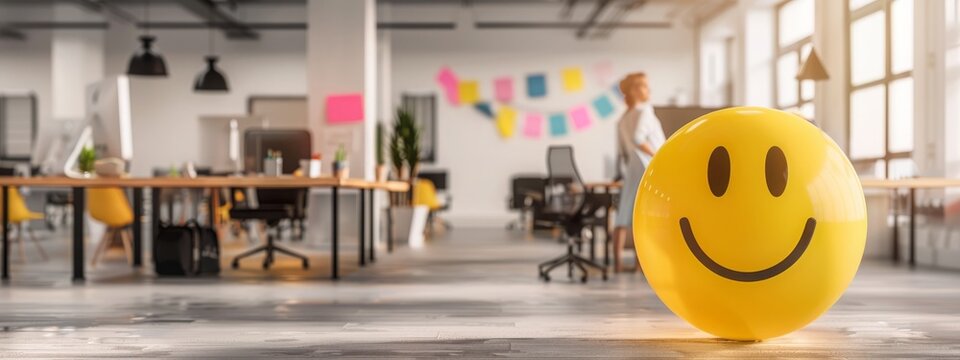 Positivity in workplace demonstrated by yellow smiling ball in office interior, promoting positive work environment and inspiring corporate culture. 