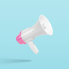 White-pink megaphone on pastel blue background. Minimal advertising concept.