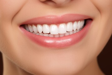 Smiling Femail Woman's Mouth Showing Perfect White Teeth, Lipstick and Makeup Close-up.