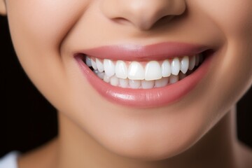 Smiling Femail Woman's Mouth Showing Perfect White Teeth, Lipstick and Makeup Close-up.