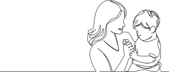 continuous single line drawing of smiling mother holding toddler on arm, line art vector illustration