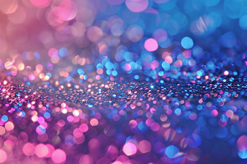 close up horizontal image of shiny pink and blue glitters abstract background