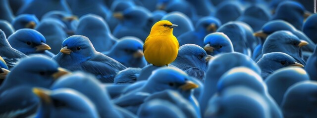 vibrant yellow bird stands out in crowd of identical blue birds, symbolizing individuality, uniqueness, and courage to be different in conformist society.