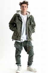 Urban Street Style: Trendy Olive Green Jacket and Cargo Pants Banner