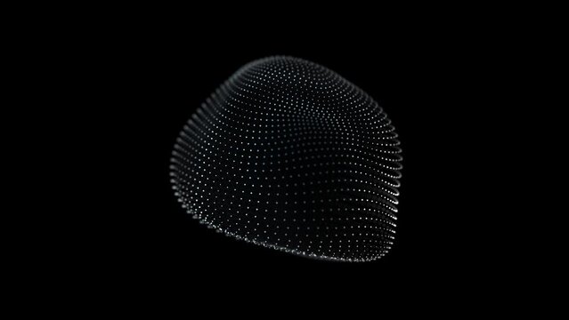 A black and white sphere with white dots moves chaotically on a black background. Plastic soft round shape made of particles swings in the air. Similar video 4k, 60 fps.