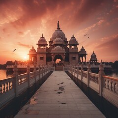 illustration of Temple during sunset in india, Generative ai - obrazy, fototapety, plakaty
