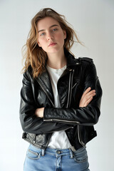 Confident Young Woman in Classic Leather Jacket and Jeans Banner