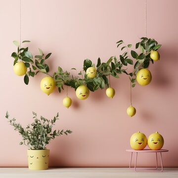 illustration of the famous smiley lemon  garland plant minimalist, Generative ai