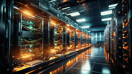 Bitcoin Mining Farm: Rows of computer servers in a cryptocurrency mining farm.