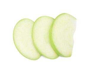 Slices of ripe green apple isolated on white, top view