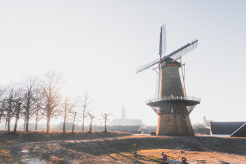 Sunrise at a typical windmill in Hulst, New Netherland. Historic and National Monument of Holland