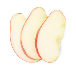Slices of ripe red apple isolated on white, top view