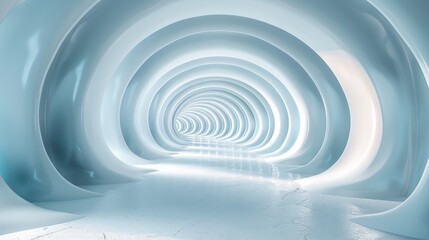 Fototapeta premium A tunnel of white and blue shapes with a light at the end, AI