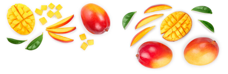 Mango fruit and half with slices isolated on white background with copy space for your text. Set or...