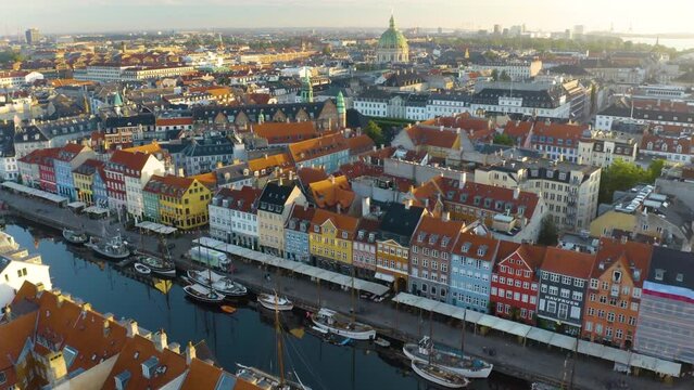Tight aerial shot over central Copenhagen, Denmark