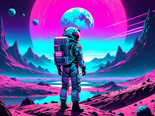 The back of an astronaut exploring a strange planet. Pink planets in the background. Science fiction illustration in synthwave colors.