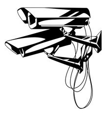 CCTV Camera. Black and white illustration of CCTV camera on private property. Logo for a security company. Two cameras with wires watching people. Surveillance of criminals.