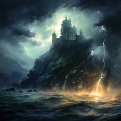 illustration of ultra hd gothic castle  on an island in a raging, Generative ai