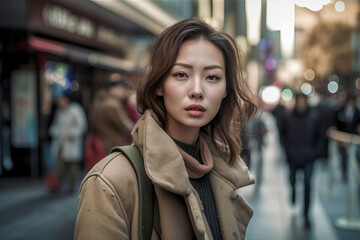 A woman wearing a brown coat and a backpack stands in front of a store. She is looking at the camera with a serious expression