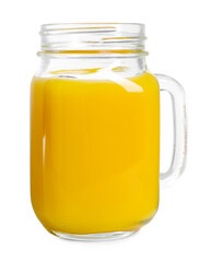Refreshing orange juice in mason jar isolated on white - obrazy, fototapety, plakaty