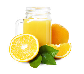 Refreshing orange juice in mason jar, leaves and fruits isolated on white