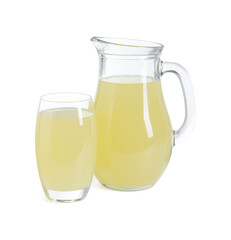 Refreshing lemon juice in jug and glass isolated on white