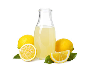 Refreshing lemon juice in bottle, leaves and fruits isolated on white