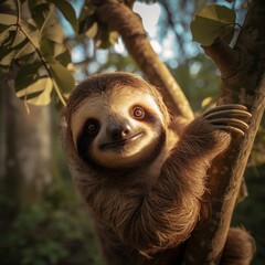 illustration of very cute and charming sloth hanging from a tree bra, Generative ai