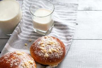 Fresh buns with milk. on a wooden background. dinner