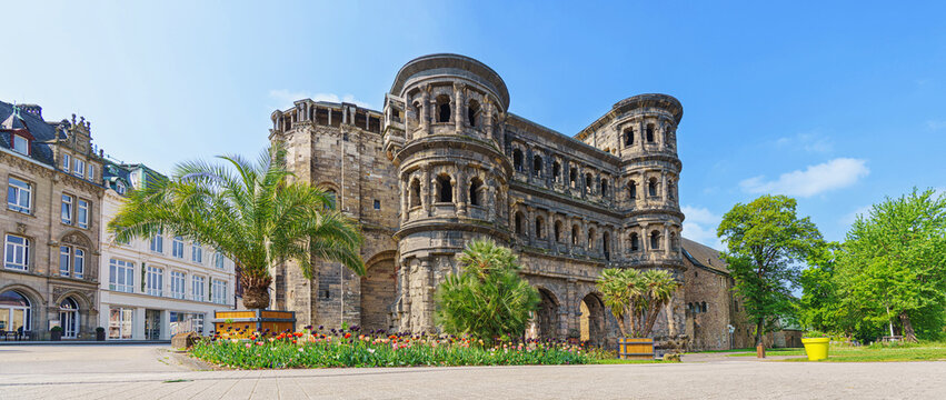  Amazing view of famous Porta Nigra (Black gate) - ancient Roman city gate in Trier, Germany. UNESCO.