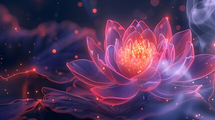 digital Pink lotus flower aglow under a starry night sky