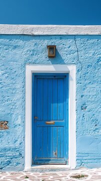 A blue door with a white light on it sitting next to the wall, AI