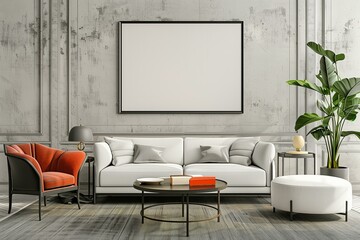 mockup design modern luxury living room with blank poster on the wall in black frame