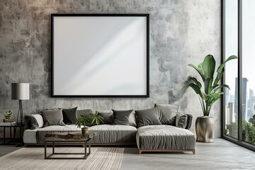 mockup design modern luxury living room with blank poster on the wall in black frame