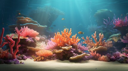 Digital environment serene underwater realm with coral and fish  GROUND sandy sea bottom  TIME midday  LIGHTING radiant, submerged light  ,3DCG,high resulution,clean sharp focus