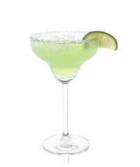 Delicious Margarita cocktail with ice cubes in glass, salt and lime isolated on white