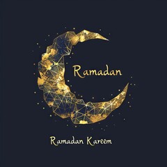 Ramadan kareem greeting card with golden crescent and star.