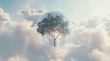 World Environment Day. Animation of a tree growing inside a sphere, background with clouds and white light.