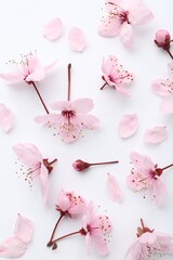 Beautiful spring tree blossoms and petals on white background, flat lay - obrazy, fototapety, plakaty