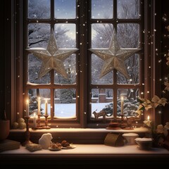 illustration of A beautiful christmas star seen though a window, Generative ai - obrazy, fototapety, plakaty