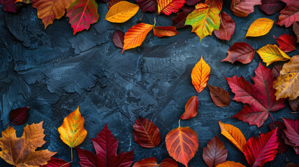 Autumn background of red and yellow leaves in a circular composition on a dark gray blue plaster texture