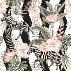 Obraz premium Zebra, flamingo, hibiscus flower, tropical palm leaves floral seamless pattern wave background. Exotic botanical jungle wallpaper. 