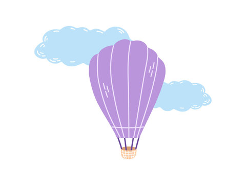 Cute hand drawn hot air balloon with clouds. Flat vector illustration isolated on white background. Doodle drawing.