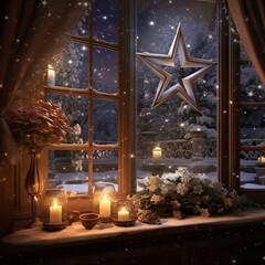 illustration of A beautiful christmas star seen though a window, Generative ai
