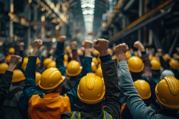 workers waving their fists and protesting. - obrazy, fototapety, plakaty