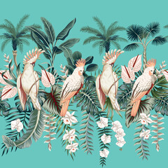 Tropical pink cockatoo parrots, green palm leaves, banana tree, pink flower, orchid floral seamless pattern blue background. Exotic jungle wallpaper.