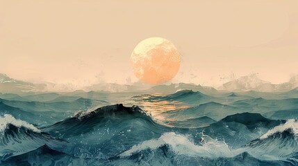Minimalist depiction of ocean waves with muted color palette, evoking a sense of tranquility. - obrazy, fototapety, plakaty