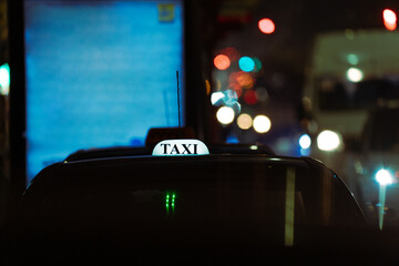 Taxi car in the evening, taxi sign, stock photo